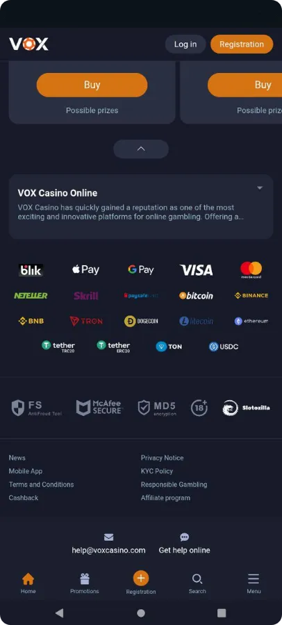 Vox Casino mokėjimo metodai