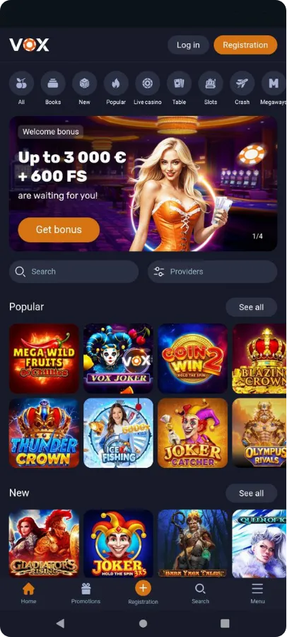 Vox Casino pagrindinis puslapis
