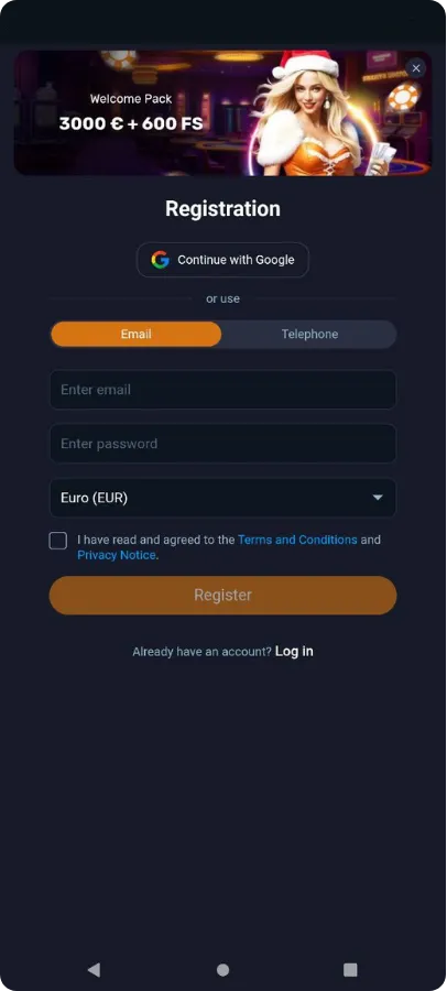 Vox Casino registracijos forma